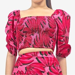 HT360 Collective Pink Tropical Floral Banana Leaf Print Smocked Crop Top Shirt